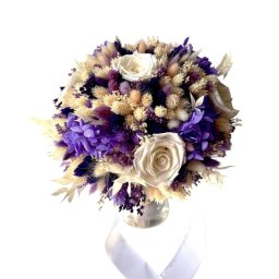 Buchet mireasă/nașă în cromatică alb-lila, trandafiri albi/crem - AMB507008