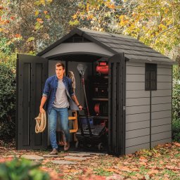 Casuta de gradina, Keter, Gri, colectie Premier, cu usa dubla, cu podea, cu ferestre, cu ventilatie, cu ranforsare metalica