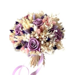 Buchet mireasă/nașă în cromatică alb-lila, trandafiri mov - AMB507010