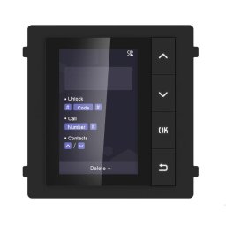 Modul de afisare pentru videointerfon modular Hikvision DS-KD-DIS; ecran LCD 3.5 inch, rezolutie 320x480P; 4 butoane de operare; memorie pentru 500 de contacte; apelare din lista de contacte; deschidere usa cu Pin cu ajutorul modului de tastatura( nu