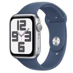 Smartwatch Apple Watch SE (2024), GPS, Carcasa Silver Aluminium 44mm, ecran LTPO OLED, 32GB, curea silicon Denim Sport Band - S/M, Argintiu/Albastru