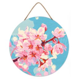 Set pictura pe numere rotunda, pe lemn, Flori de cires, O30cm