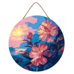 Set pictura pe numere rotunda, pe lemn, Hibiscus la apus, O30cm