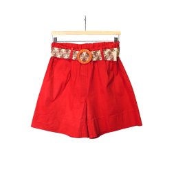 Pantaloni Scurți Cu Tiv Lat Și Curea Decorativă Din Bumbac - Roșu aprins