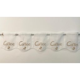 Perdea brodata tip in, scurta inaltime de 18cm, pentru bucatarie, Hiko Coffee pentru prindere direct pe geam cu raport 1 la 1