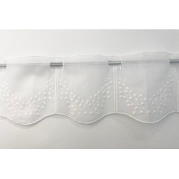 Perdea brodata tip in, scurta inaltime de 18cm, pentru bucatarie, Hiko Floricele pentru prindere direct pe geam cu raport 1 la 1