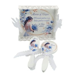 Tăviță gătit mireasa, Flori Albastre, tăviță dantelată personalizată, 3 piese - ILIF507034