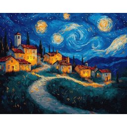 Set pictura pe numere, cu sasiu, Sat sub noapte instelata, 40x50 cm