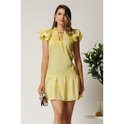 Rochie scurta galbena din triplu voal cu croi cambrat si volan la baza