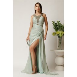 Rochie lunga verde mint din voal cu reflexii si strasuri la decolteu