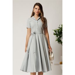 Rochie DY Fashion midi gri din stofa subtire cu cordon si buzunare