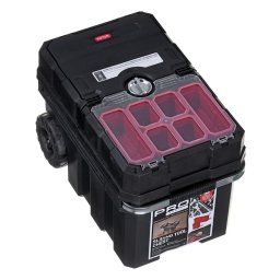 Cutie mobila pentru scule cu roti si maner, 3 compartimente, policarbonat, 2 organizatoare, 6 cutii detasabile, sistem de blocare central, Negru