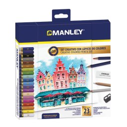 Articole pentru scoala Set creioane colorate-Manley, culori asortate, ascutitoare+radiera incluse, 23 culori/set