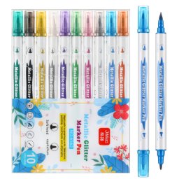 Accesorii birotica Set de markere cu sclipici metalic, colorate, față-verso, 10 buc.