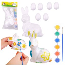 Set de 6 vopsele de Paște pentru figurine cu ouă de polistiren și iepurași