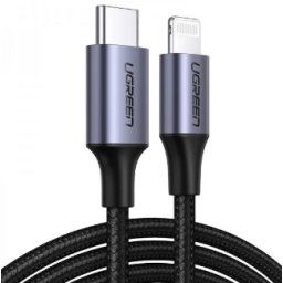 CABLU alimentare si date Ugreen, "US304", Fast Charging Data Cable pt. smartphone, USB Type-c la Lightning Iphone certificare MFI, braided, PVC, 1m, negru "60759" (include TV 0.06 lei) - 6957303867592