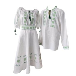 Rochie damă și ie bărbătească brodate tradițional cu verde, set damă - bărbat - LLDJ507004