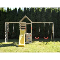 Turn de joaca cu 2 platforme, panou de catarare, tobogan, leagan dublu si modul de gimnastica (m41), wendi toys