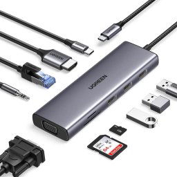 Hub USB-C la Type-C, 3x USB, HDMI, RJ45, Jack 3.5mm, VGA, TF, SD Card - Ugreen CM498 (15601) - Gray