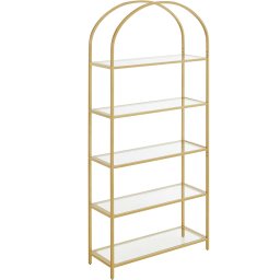 VASAGLE Raft cu trepte pentru dormitor, 5 etaje, din sticla securizata, cadru din otel cu arcada, 83x30x184cm, auriu Household NewTrend