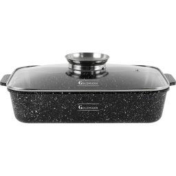 Tava aluminiu cu interior marmorat Goldmann GM-1932, 32x23x7.5 cm, 4.7 L, capac sticla, negru