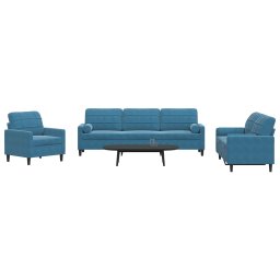 Set de canapele cu perne/rulouri, 3 piese, albastru, catifea GartenMobel Dekor