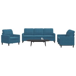 Set de canapele cu perne, 3 piese, albastru, catifea GartenMobel Dekor