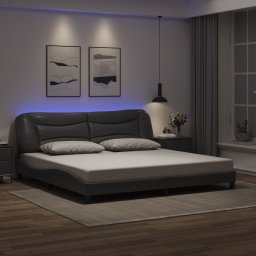 Cadru de pat cu lumini LED, gri, 200x200 cm, piele ecologica GartenMobel Dekor