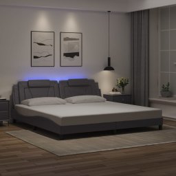 Cadru de pat cu lumini LED, gri, 200x200 cm, piele ecologica GartenMobel Dekor