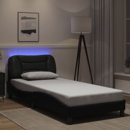 Cadru de pat cu lumini LED, negru, 90x200 cm, piele ecologica GartenMobel Dekor
