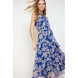 Trendyol Navy Blue Floral Print Belted A-line Halter Neck Sleeveless Midi Lined Woven Dress