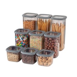 Set borcane pentru condimente Hermia 964FRM1108, Plastic, 1.75l/1.2l/0.550l, 9 bucati, Transparent