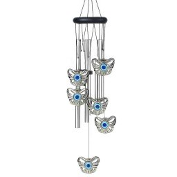Clopotel de vant cu 5 tuburi sonore metalice argintii pentru casa sau gradina, model Feng-Shui cu 6 fluturi