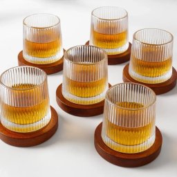 Set 6 Pahare whiskey Stripes cu baza din lemn