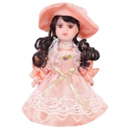  Păpușă de porțelan în rochie roz, 21 cm