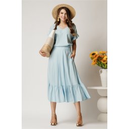 Fusta midi bleu din rayon in clos cu volan la baza