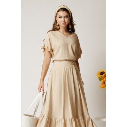 Bluza bej din rayon cu croi drept si volanase la maneci