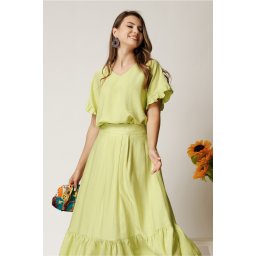 Bluza verde din rayon cu croi drept si volanase la maneci
