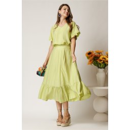 Fusta midi verde din rayon in clos cu volan la baza