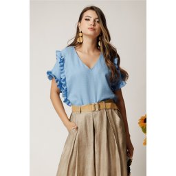 Bluza bleu din rayon cu croi drept si volane la maneci
