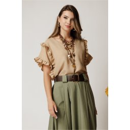 Bluza bej din rayon cu croi drept si volane la maneci