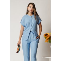 Camasa DY Fashion bleu din material vaporos cu croi drept si nasturi