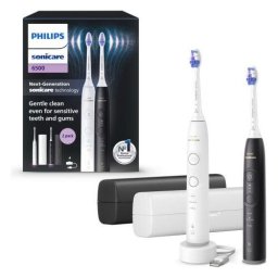 Set doua periute de dinti electrice 62.000 miscari/minut,autonomie 21 zile, 3 moduri periere, 3 intensitati, senzor presiune luminos, functia BrushSync, 2x capete de periere Sensitive, 2x Toc de transport, alb-negru