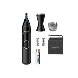 Trimmer pentru nas/urechi Philips NT5650/16, baterie, lavabil, utilizare umed si suscat, tehnologie Precision Trim, otel inoxidabil, pieptene pentru sprancene, 2 piepteni 3-5 mm, Negru