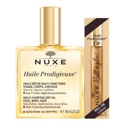 Set Ulei multifunctional 100 ml + Roll On pentru fata si decolteu Huile Prodigieuse Or 8 ml, Nuxe