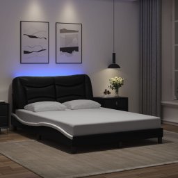 Cadru de pat cu lumini LED negru/alb 140x190 cm piele ecologica GartenMobel Dekor