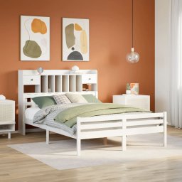 Pat cu biblioteca fara saltea, alb, 150x200 cm, lemn masiv pin GartenMobel Dekor