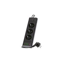 Priză multiplă LINEA PRO cu întrerupător, 3 x 230 V (Schuko), 3 x USB-A, 1 x USB-C, cablu 1,5 m, negru