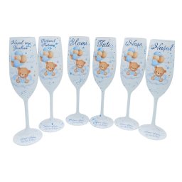 Set 6 pahare botez pentru Părinți, Nași, Naș mic și Frățior, model Blue Baby Bear personalizat - FEIS508003