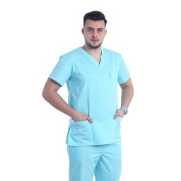 Halat medical menta cu elastan, barbati, anchior in V si trei buzunare aplicate
